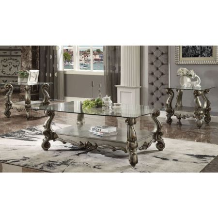 ACME Versailles End Table Clear Glass & Antique Platinum Finish