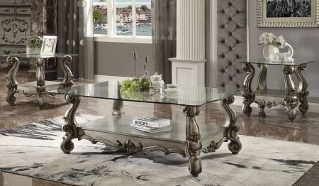 ACME Versailles Coffee Table Clear Glass & Antique Platinum Finish