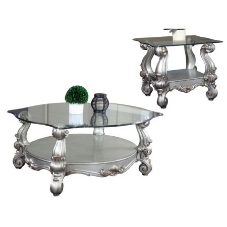 ACME Versailles Coffee Table Clear Glass & Antique Platinum Finish