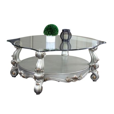 ACME Versailles Coffee Table Clear Glass & Antique Platinum Finish