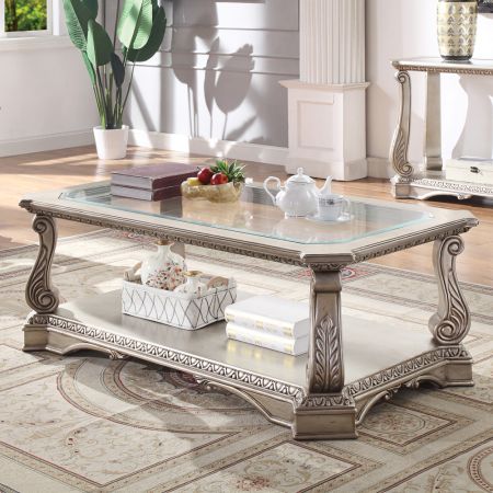 ACME Northville Coffee Table Clear Glass & Antique Silver Finish