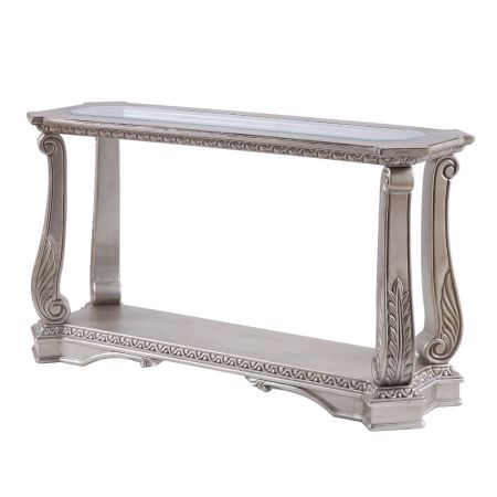 ACME Northville Sofa Table Clear Glass & Antique Silver Finish