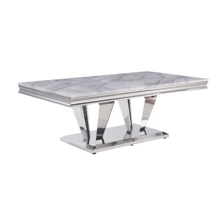 ACME Satinka Coffee Table Light Gray Printed Faux Marble Top & Mirrored Silver Finish