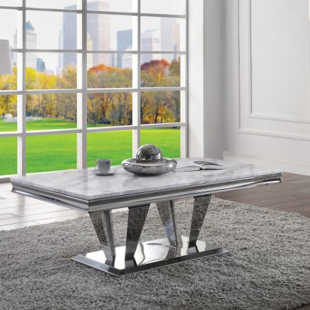 ACME Satinka Coffee Table Light Gray Printed Faux Marble Top & Mirrored Silver Finish