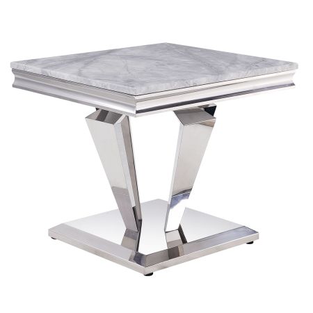 ACME Satinka End Table Light Gray Printed Faux Marble Top & Mirrored Silver Finish