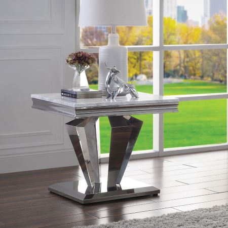 ACME Satinka End Table Light Gray Printed Faux Marble Top & Mirrored Silver Finish