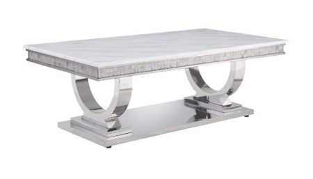 ACME Zander Coffee Table White Printed Faux Marble Top & Mirrored Silver Finish