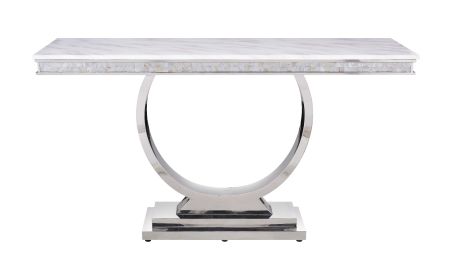 ACME Zander Sofa Table White Printed Faux Marble Top & Mirrored Silver Finish