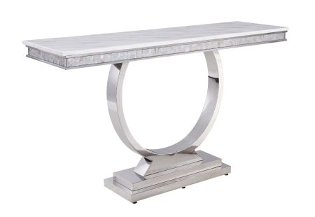 ACME Zander Sofa Table White Printed Faux Marble Top & Mirrored Silver Finish