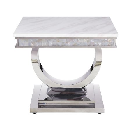 ACME Zander End Table White Printed Faux Marble Top & Mirrored Silver Finish