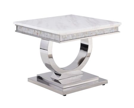 ACME Zander End Table White Printed Faux Marble Top & Mirrored Silver Finish