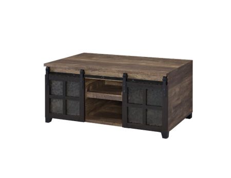 ACME Nineel Coffee Table Obscure Glass Rustic Oak & Black Finish