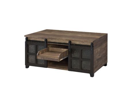 ACME Nineel Coffee Table Obscure Glass Rustic Oak & Black Finish