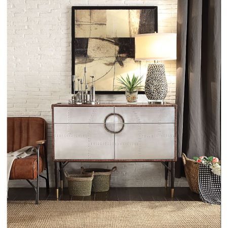 ACME Brancaster Console Cabinet Top Grain Leather & Aluminum