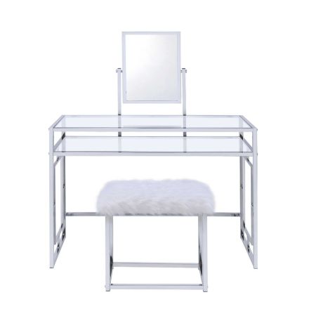 ACME Carenze II Vanity Set White Faux Fur & Chrome Finish