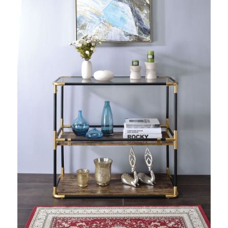 ACME Heleris Console Table Smoky Glass Top & Black & Gold Finish