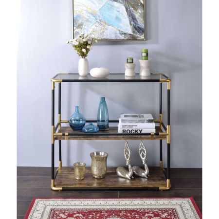 ACME Heleris Console Table Smoky Glass Top & Black & Gold Finish