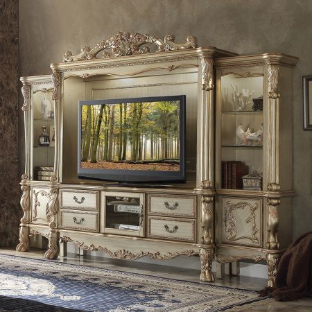 ACME Dresden Entertainment Center Gold Patina & Bone Finish