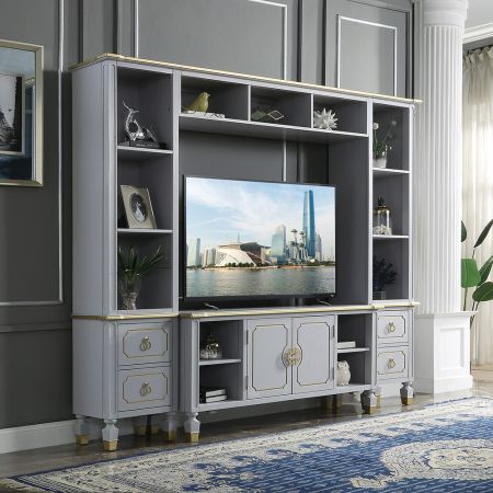 ACME House Marchese Entertainment Center Gold Trim & Pearl Gray Finish