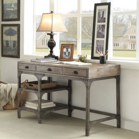 ACME Gorden Writing Desk Weathered Oak & Antique Silver Finish