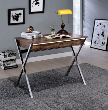 ACME Callers Writing Desk Weathered Oak & Chrome Finish