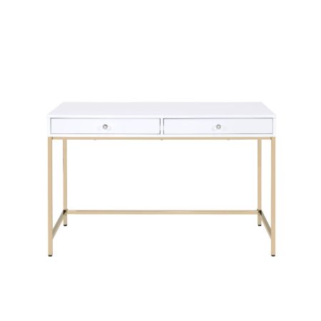 ACME Ottey Writing Desk(Same Ac00899) White High Gloss & Gold Finish