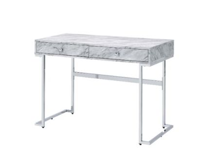 ACME Tigress Writing Desk White Printed Faux Marble Top & Chrome Finish