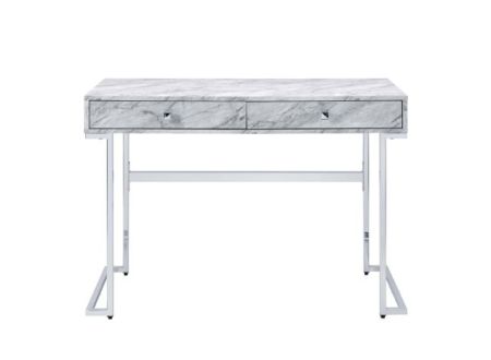 ACME Tigress Writing Desk White Printed Faux Marble Top & Chrome Finish