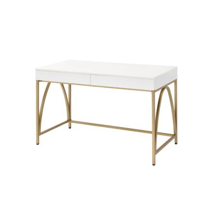 ACME Lightmane Writing Desk(Same Ac00900) White High Gloss & Gold Finish