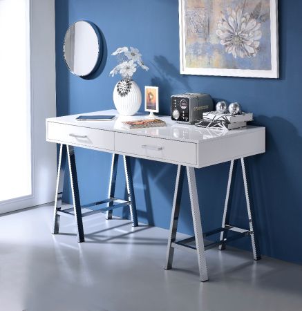 ACME Coleen Writing Desk W/Usb White High Gloss & Chrome Finish