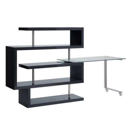 ACME Buck II Writing Desk W/Bookshelf Clear Glass Chrome & Black High Gloss Finish