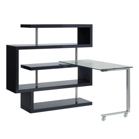 ACME Buck II Writing Desk W/Bookshelf Clear Glass Chrome & Black High Gloss Finish