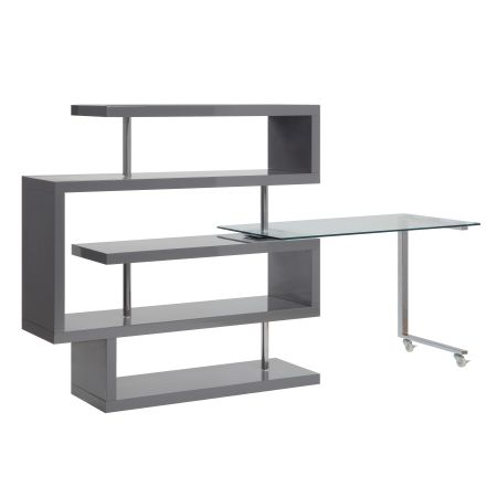 ACME Buck II Writing Desk W/Bookshelf Clear Glass Chrome & Gray High Gloss Finish