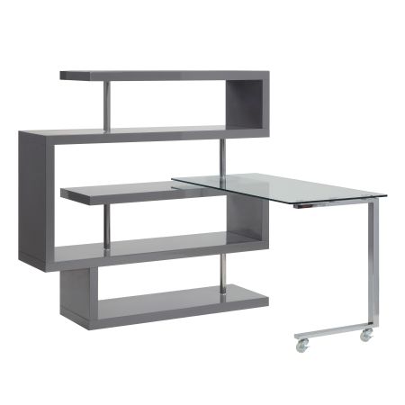 ACME Buck II Writing Desk W/Bookshelf Clear Glass Chrome & Gray High Gloss Finish