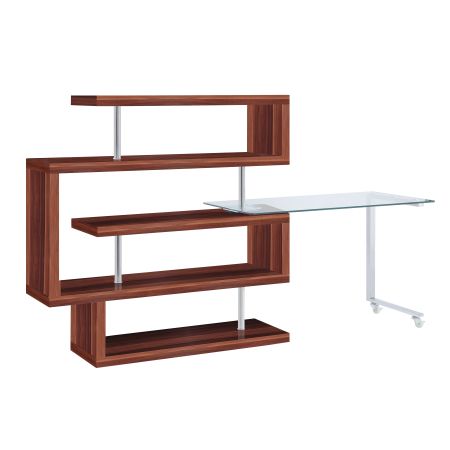 ACME Buck II Writing Desk W/Bookshelf Clear Glass Chrome & Walnut High Gloss Finish