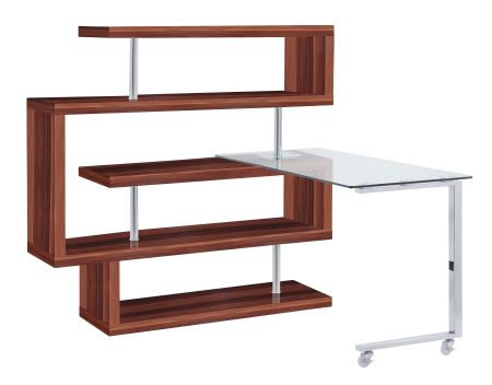 ACME Buck II Writing Desk W/Bookshelf Clear Glass Chrome & Walnut High Gloss Finish