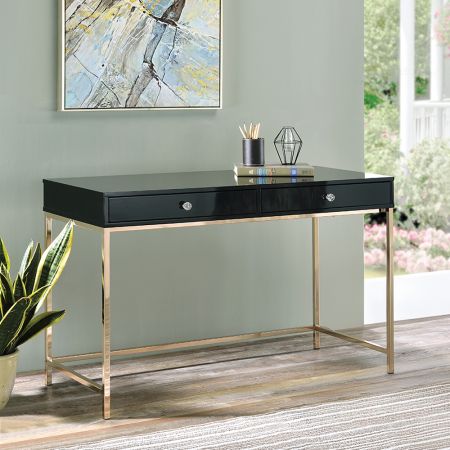 ACME Ottey Writing Desk Black High Gloss & Gold Finish