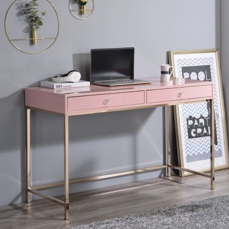 ACME Ottey Writing Desk Pink High Gloss & Gold Finish