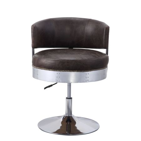 ACME Brancaster Adjustable Stool W/Swivel Distress Chocolate Top Grain Leather & Chrome Finish