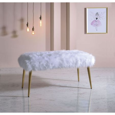 ACME Bagley II Bench White Faux Fur & Gold Finish