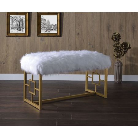 ACME Bagley II Bench White Faux Fur & Gold Finish