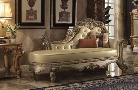 ACME Vendome Chaise W/2 Pillows Bone Synthetic Leather & Gold Patina Finish