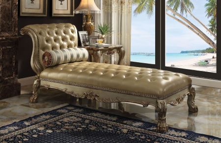 ACME Dresden Chaise W/Pillow Bone Synthetic Leather & Gold Patina Finish