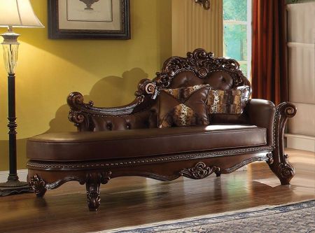 ACME Vendome Chaise W/2 Pillows Cherry Synthetic Leather & Cherry Finish