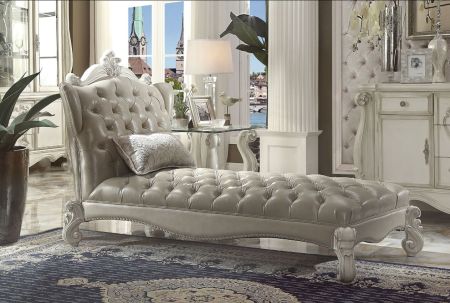 ACME Versailles Chaise W/Pillow Vintage Gray Synthetic Leather & Bone White Finish