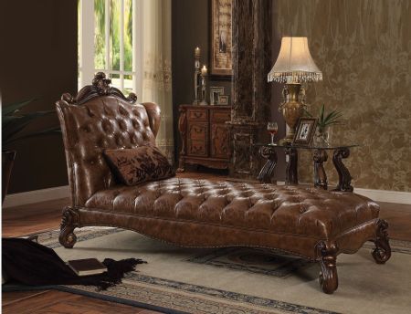 ACME Versailles Chaise W/Pillow Two Tone Light Brown Synthetic Leather & Cherry Oak Finish