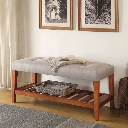 ACME Charla Bench Light Gray Fabric & Oak Finish