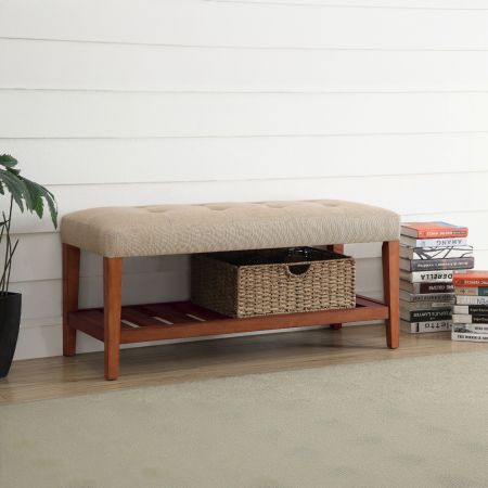 ACME Charla Bench Beige Fabric & Oak Finish