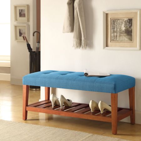 ACME Charla Bench Light Blue Fabric & Oak Finish