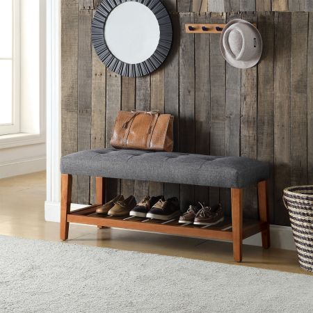 ACME Charla Bench Gray Fabric & Oak Finish